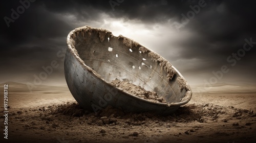 Rusty dented bucket half buried in soil against a cloudy sky