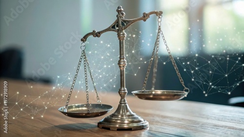 A brass balance scale on a wooden table with a blurred background and digital network overlay symbolizing justice and technology.