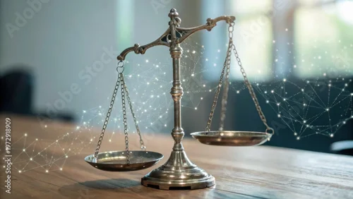 Obraz A brass balance scale on a wooden table with a blurred background and digital network overlay symbolizing justice and technology.