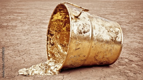Rusty Dented Bucket Overturned and Spilling Gold on Dry Ground