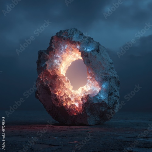 Glow emanating from a rock formation against a cloudy sky, on a textured ground