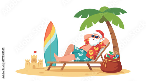 Colorful Santa Claus vector character relaxing on a beach lounge chair under a palm tree, wearing sunglasses and shirt, with a surfboard, sandcastle, and sack of toys.