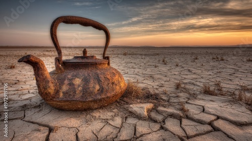 Rusty Kettle Lying on Cracked Ground at Sunset