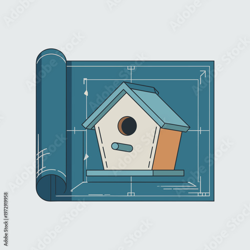 Birdhouse Blueprint Technical Drawing on Blue Paper