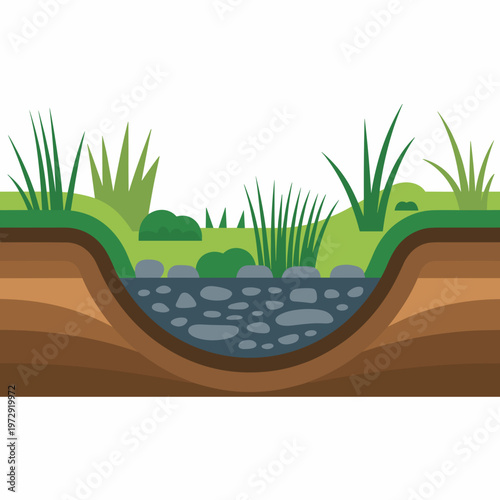 Drainage Ditch with Stones and Grass Section Vector
