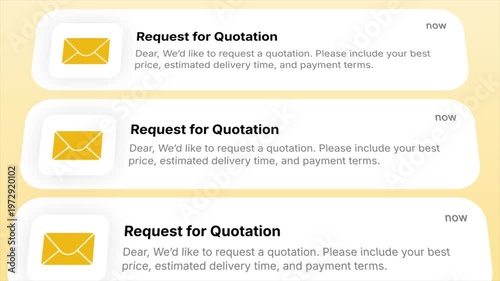 Request for Quotation email notification appears in an animated display. Ideal for business communication, procurement processes, incoming proposals, and financial topics.