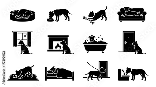 Black silhouette vector set of pitbull dog doing daily indoor home activities like sleeping on sofa eating bathing sitting by fireplace and looking out window icon collection