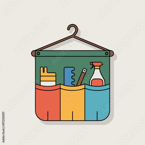 Hanging Fabric Pocket Organizer with Household Tools Vector