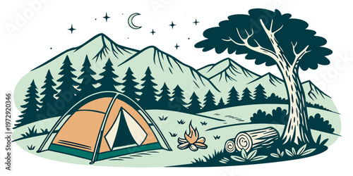 Camping scene with tent and campfire in mountains at night with stars and moon