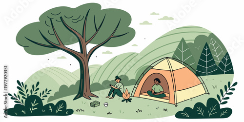 Illustration of two people camping in a serene natural setting with a tent tree and campfire in a green landscape