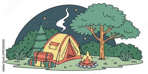 A cartoon illustration of a tent and campfire in the woods at night with a sleeping bag and backpack next to it