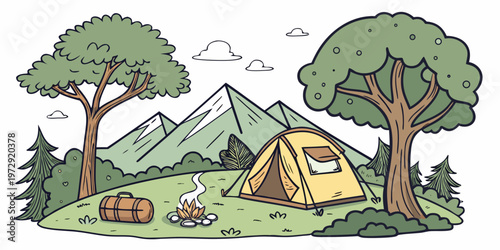 A cartoon illustration of a tent and campfire in a mountainous landscape with trees and a barrel