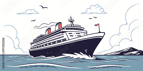 A large cruise ship sailing through choppy waters with seagulls flying overhead on a partly cloudy day