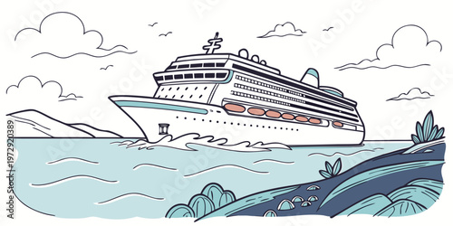 A large white cruise ship sailing on the ocean with blue water and a scenic coastline in the background on a sunny day