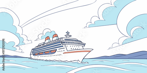 A large cruise ship sailing through calm waters under a cloudy sky on a beautiful sunny day with mountains in the distance