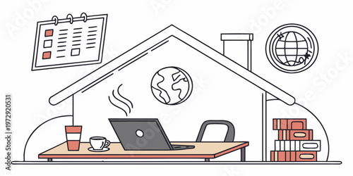 A line drawing of a house with a desk, laptop, books, and office supplies, representing remote work or study from home with isolated workspace