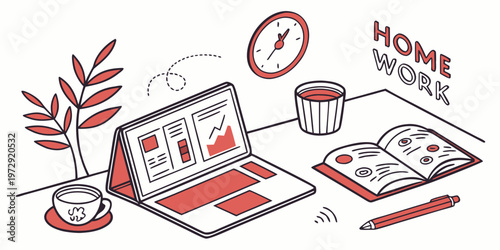 An illustration of a home workspace with a laptop, coffee, and books, representing remote work or study