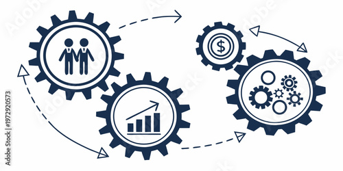 Business process management concept with gear icons and people, growth, and money symbols