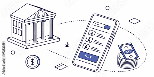Vector illustration of a smartphone with a mobile banking app and a bank building with money transfer concept