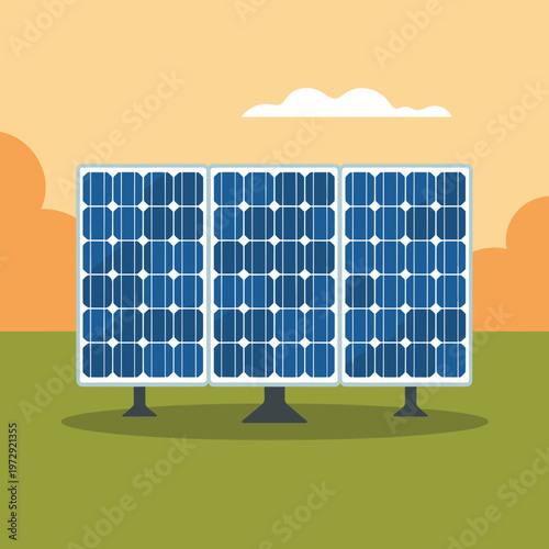 Solar panels array in a field at sunset for renewable energy