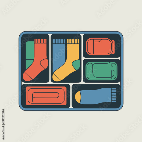 Top view of a drawer organizer with socks and clothes