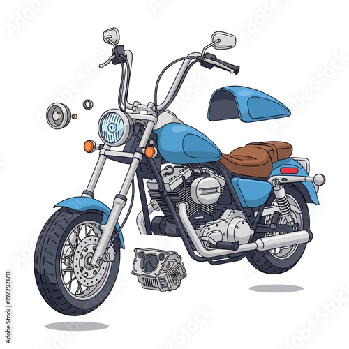 Blue motorcycle illustration with disassembled parts