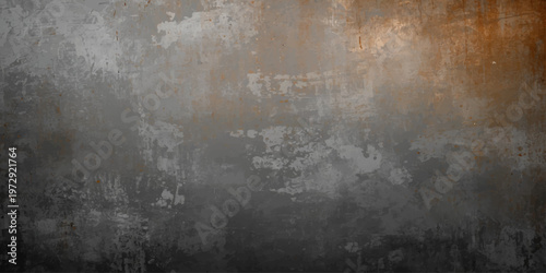 A dark aged metal surface features a rough vintage grunge texture with a dirty black and gray pattern on an old weathered wall backdrop