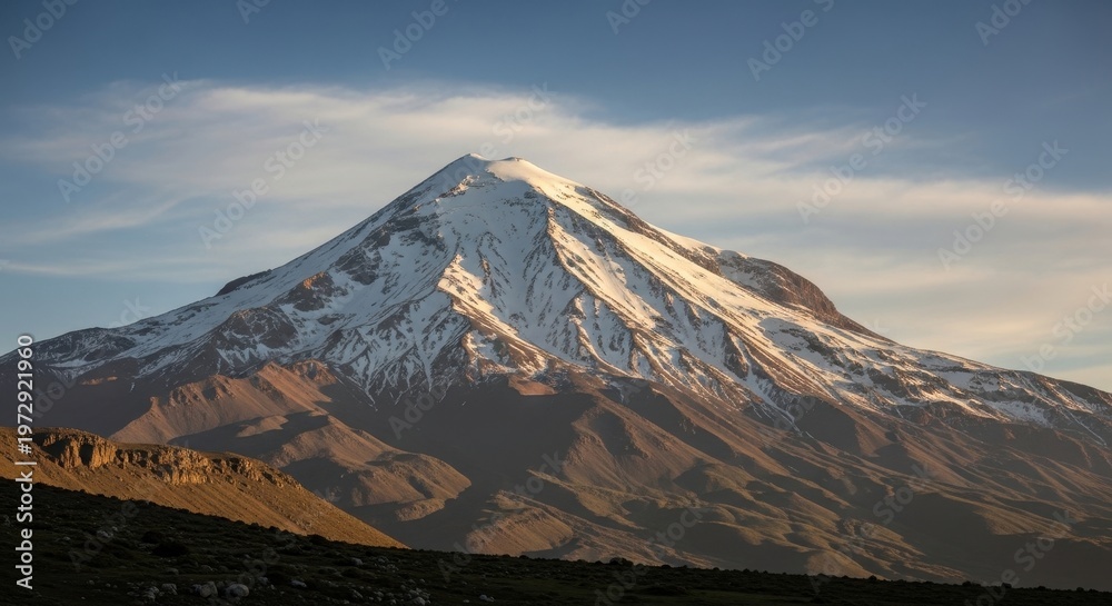 Fototapeta premium Golden Hour Light on a Majestic Snow Capped Volcanic Peak.