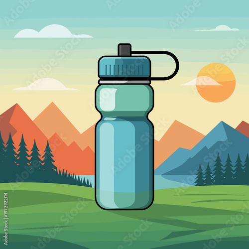 Reusable water bottle in front of a mountain landscape
