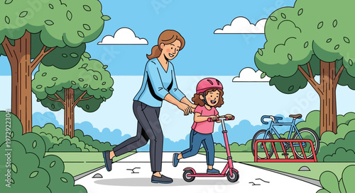 Mother Teaching Daughter to Ride a Kick Scooter in City Park