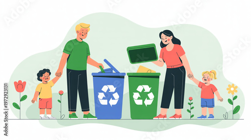 Eco friendly family, recycling bins, eco conscious parents, kids, sustainable living isolated on Transparent Background