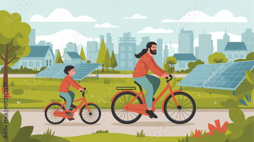 Eco friendly family biking, solar panels, green park, cityscape background, sustainable lifestyle isolated on Transparent Background