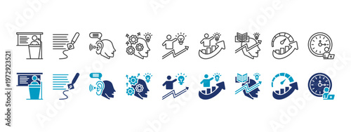 professional excellence icon set collection. icon set consist of public speaking, writing skill, listening skill, strategic thinking, self improvement, professional growth, personal development.