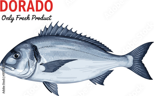 Detailed vector illustration of a fresh Dorado fish also known as Gilthead Sea Bream isolated on white background for seafood market or restaurant menu