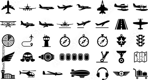 Outline icons of different airplane types: jet, biplane, seaplane
