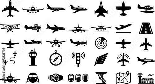 Outline icons of different airplane types: jet, biplane, seaplane
