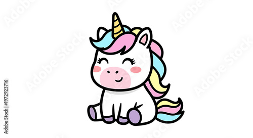 A cute cartoon unicorn with colorful hair sits smiling sweetly