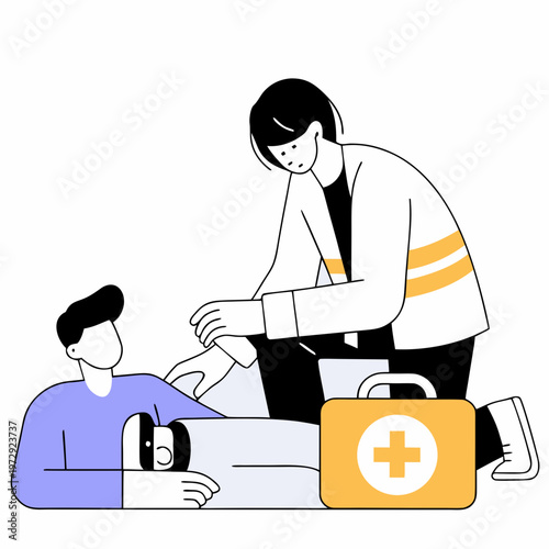 Paramedic helps injured man, first aid, medical emergency, healthcare concept