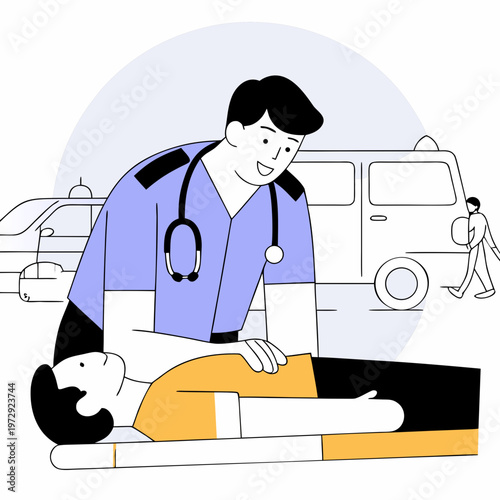 Paramedic helps injured man, first aid, medical emergency, healthcare concept