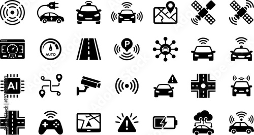 Autonomous vehicle technology symbols with charging and gps icons
