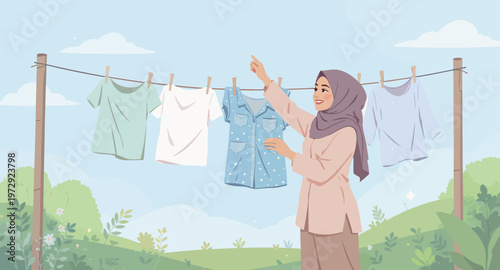 Woman hanging laundry on a clothesline outdoors.