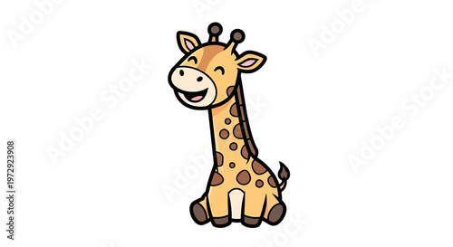 A cute smiling giraffe sits happily on the savannah looking cute.