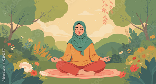Woman meditating in a serene garden.