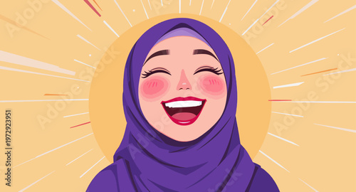 Smiling woman wearing purple hijab illustration.