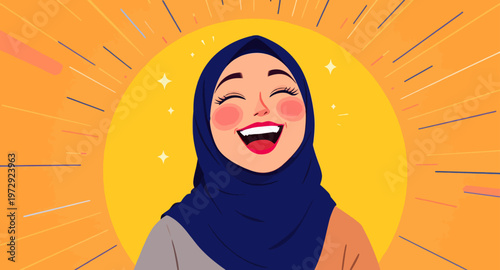Smiling woman wearing blue hijab headscarf.