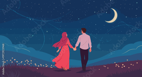 Couple holding hands under starry night sky.