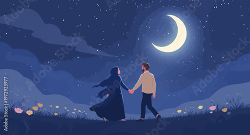 Couple walking under a crescent moon.