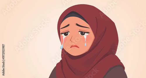 Sad woman wearing a hijab crying tears.