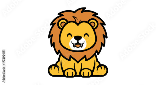 A cute lion cartoon character sits smiling in a vibrant landscape.