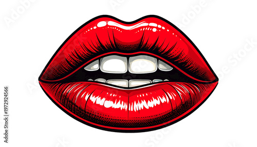 Glossy red lips with visible teeth displayed as beauty and expression symbol in illustration style vector